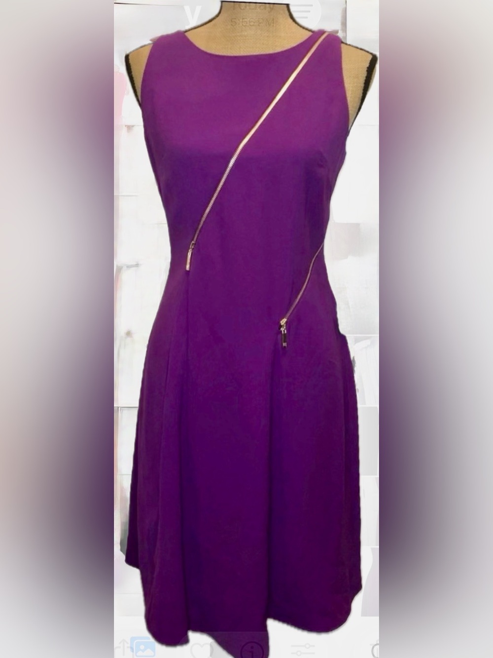 Ivanka Trump Purple Sleeveless Midi Dress with Diagonal Gold Zipper Detail